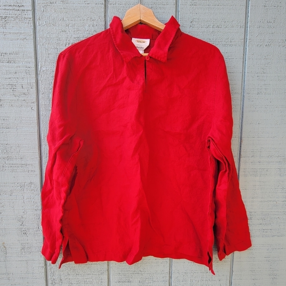 Vintage 80s 90s Talbots Collared Irish Linen Blouse size L Red